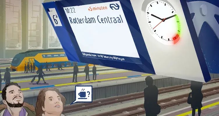 Illustratie van een treinstation waar twee personen naar het perronscherm kijken van Rotterdam Centraal