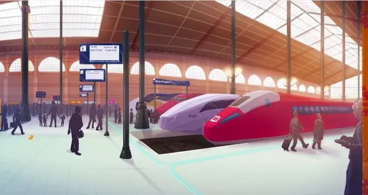 Illustratie van een station met een NS trein en twee rode treinen