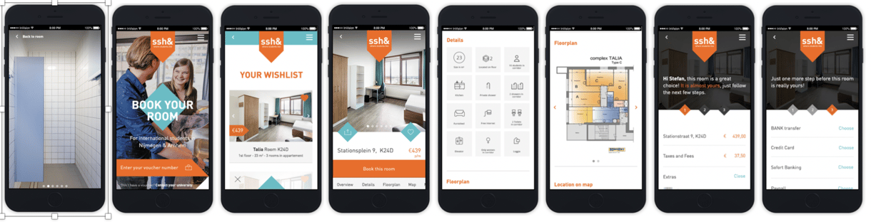 Verschillende schermen van een mobiele app voor het boeken van een kamer via SSH&. De app toont onder andere een kamerselectie, details, plattegrond, locatie op de kaart en betalingsopties, met foto's van de kamer en bijbehorende informatie