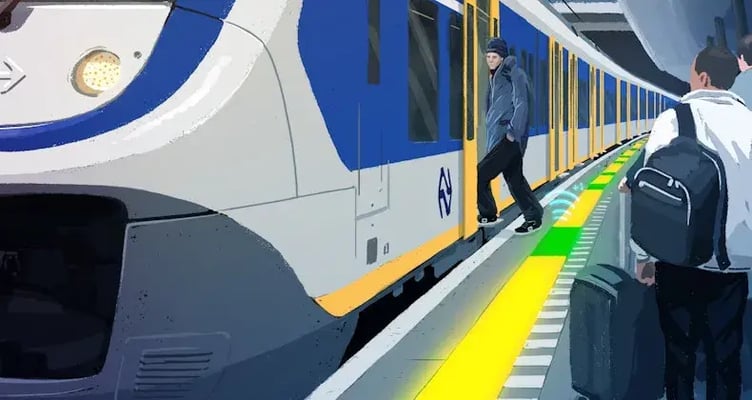 Illustratie van een man die op een station een NS trein instapt