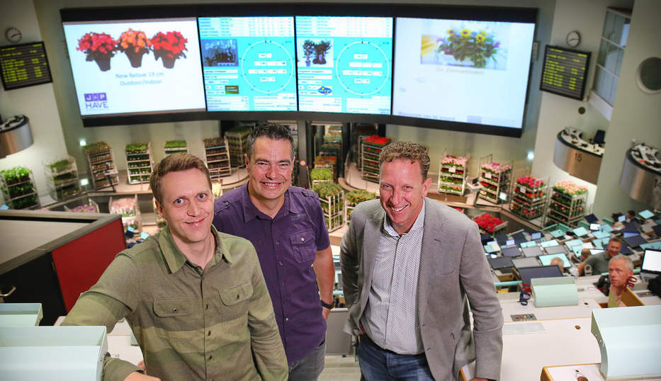 3 mannen lachend naar de camera op de bloemenveiling