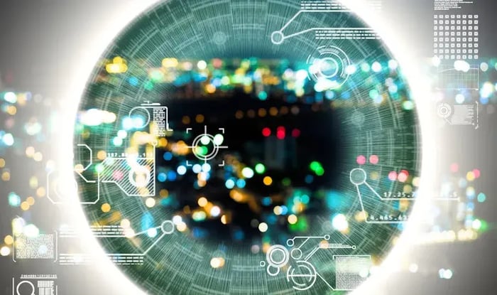 Abstract digital interface overlay with data visualizations and city lights.