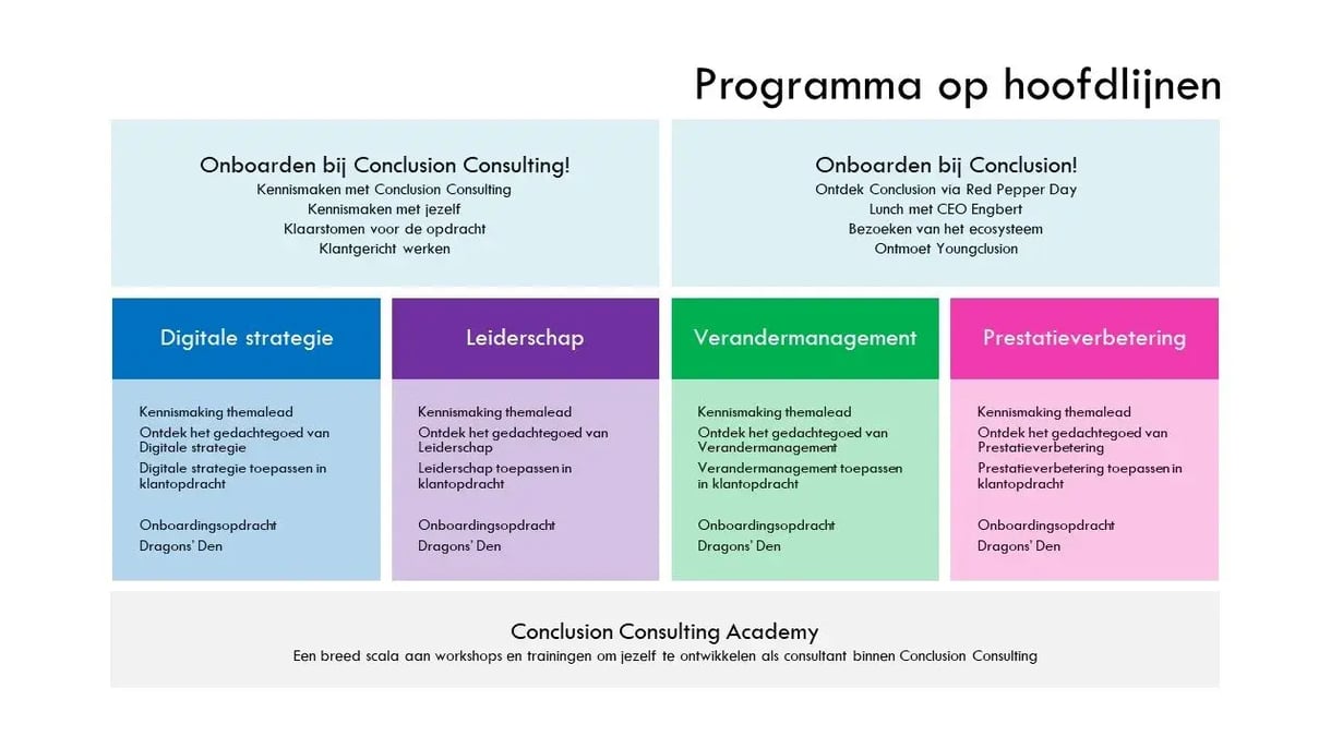Infographic met het onboardingprogramma van Conclusion Consulting en vier pijlers: digitale strategie, leiderschap, verandermanagement en prestatieverbetering.