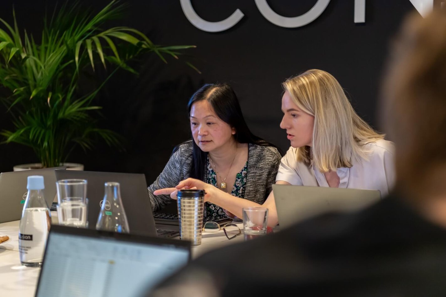 Collega's in een workshops kijken naar een computerscherm.