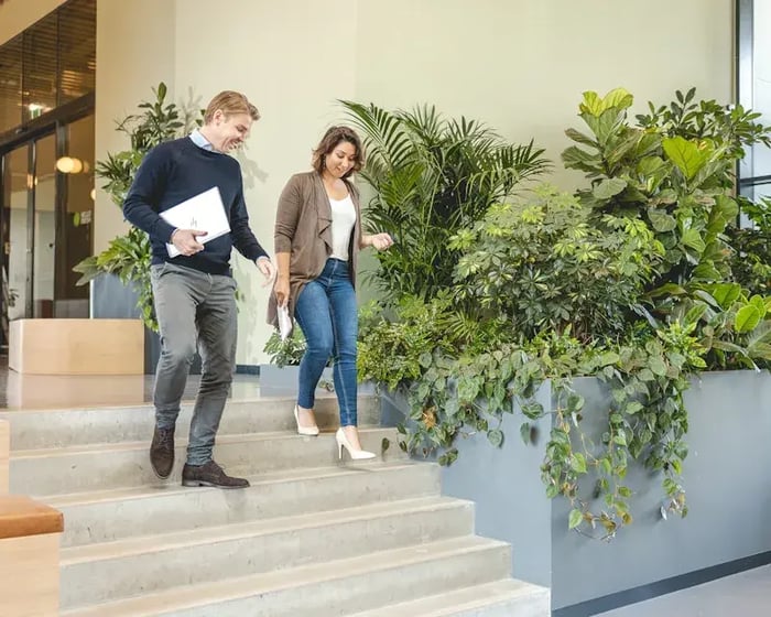 Man en vrouw lopen van een trap af