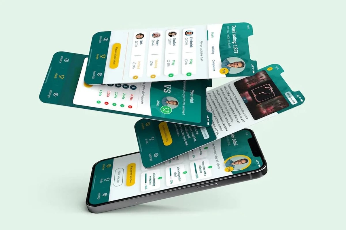 zwevende mobiele app-schermen met dashboard- en profielinformatie van ABN AMRO