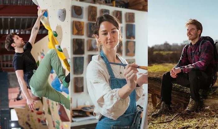 Drieluik met actieve mensen: links een man die binnen aan een klimwand klimt, in het midden een vrouw die in een atelier schildert, rechts een man met rugzak die buiten op een boomstam zit in een natuurgebied.
