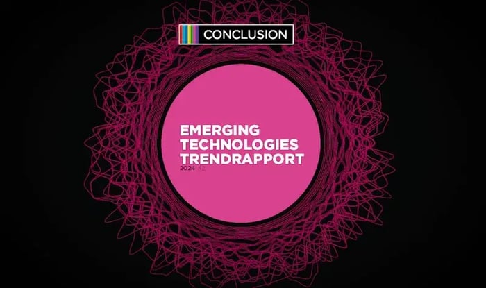 zwarte achtergrond met roze cirkel met daarin de tekst emerging technologies trendrapport