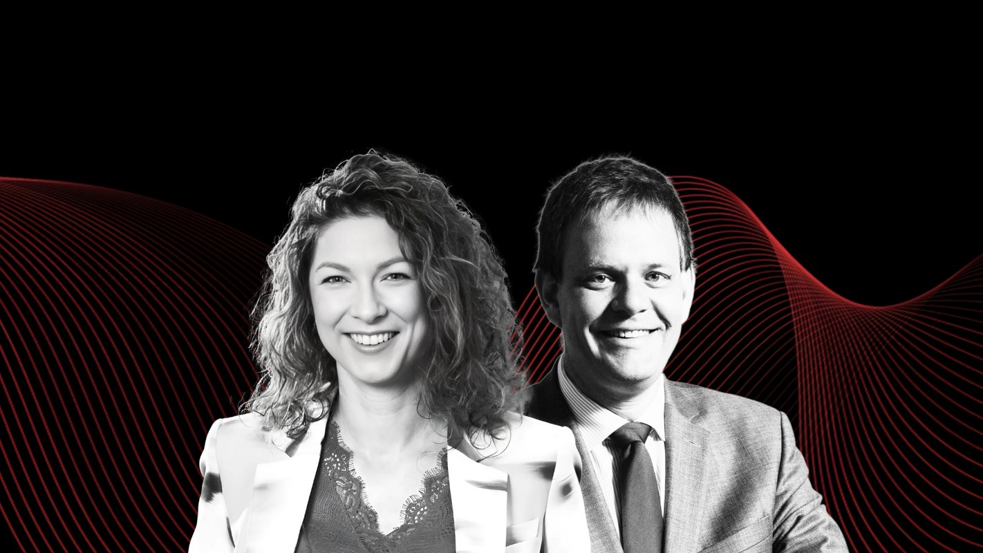 Illustratie van een vrouw met krullen en een man in pak