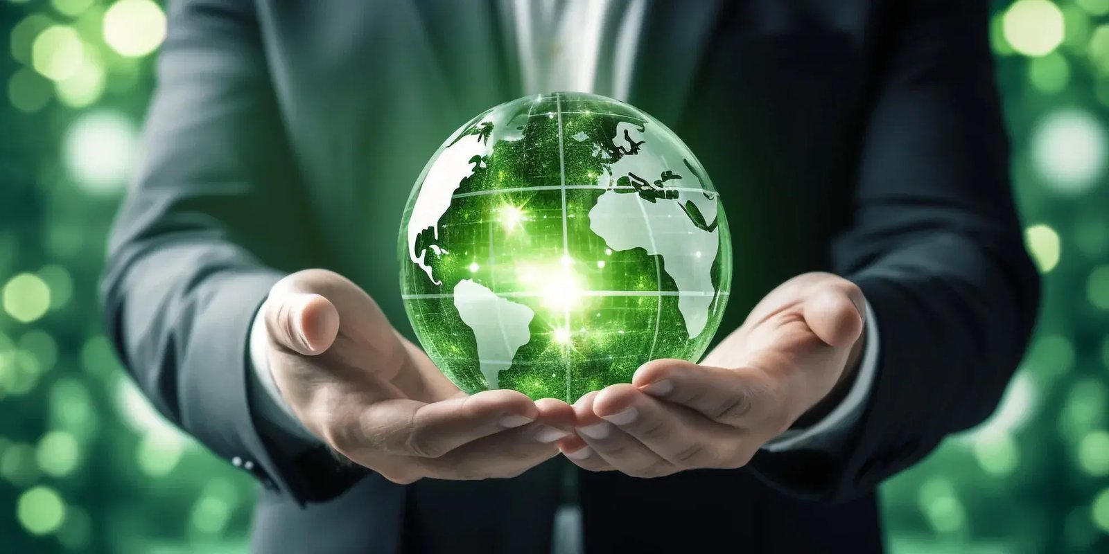 Groene wereldbol in man zijn handen