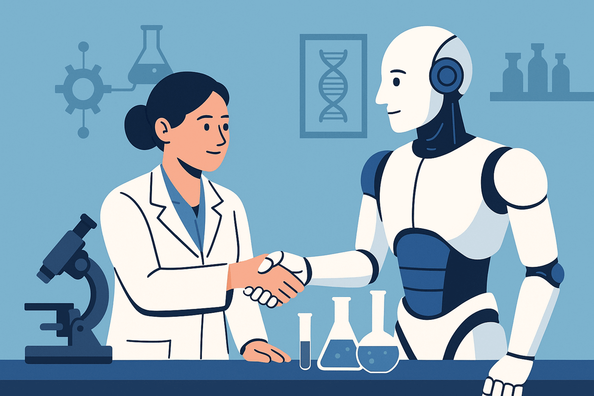 Vrouw geeft robot hand