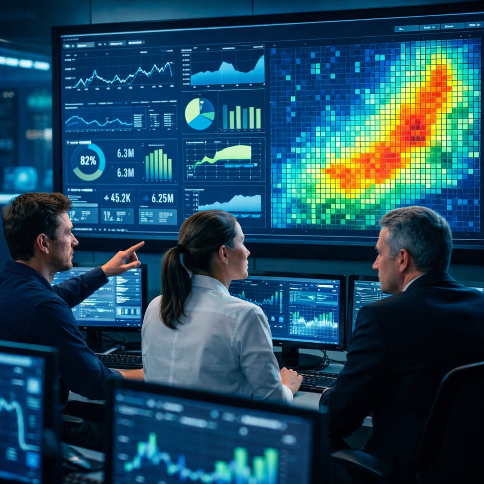 In a sleek modern control room filled with cuttingedge technology a small team of three focused professionals analyzes a large screen displaying a vib