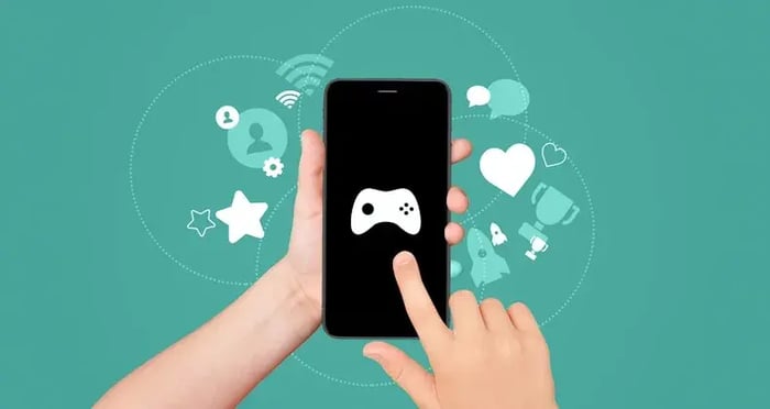 Een Iphone scherm laat een video game controller zien