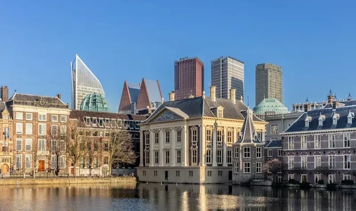 Hofvijver Den Haag met de skyline erachter.