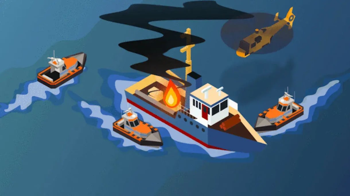 Tekening van kunstwacht een brandend schip aan het helpen