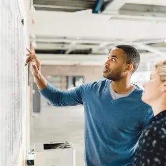 Twee collegas werken op een whiteboard