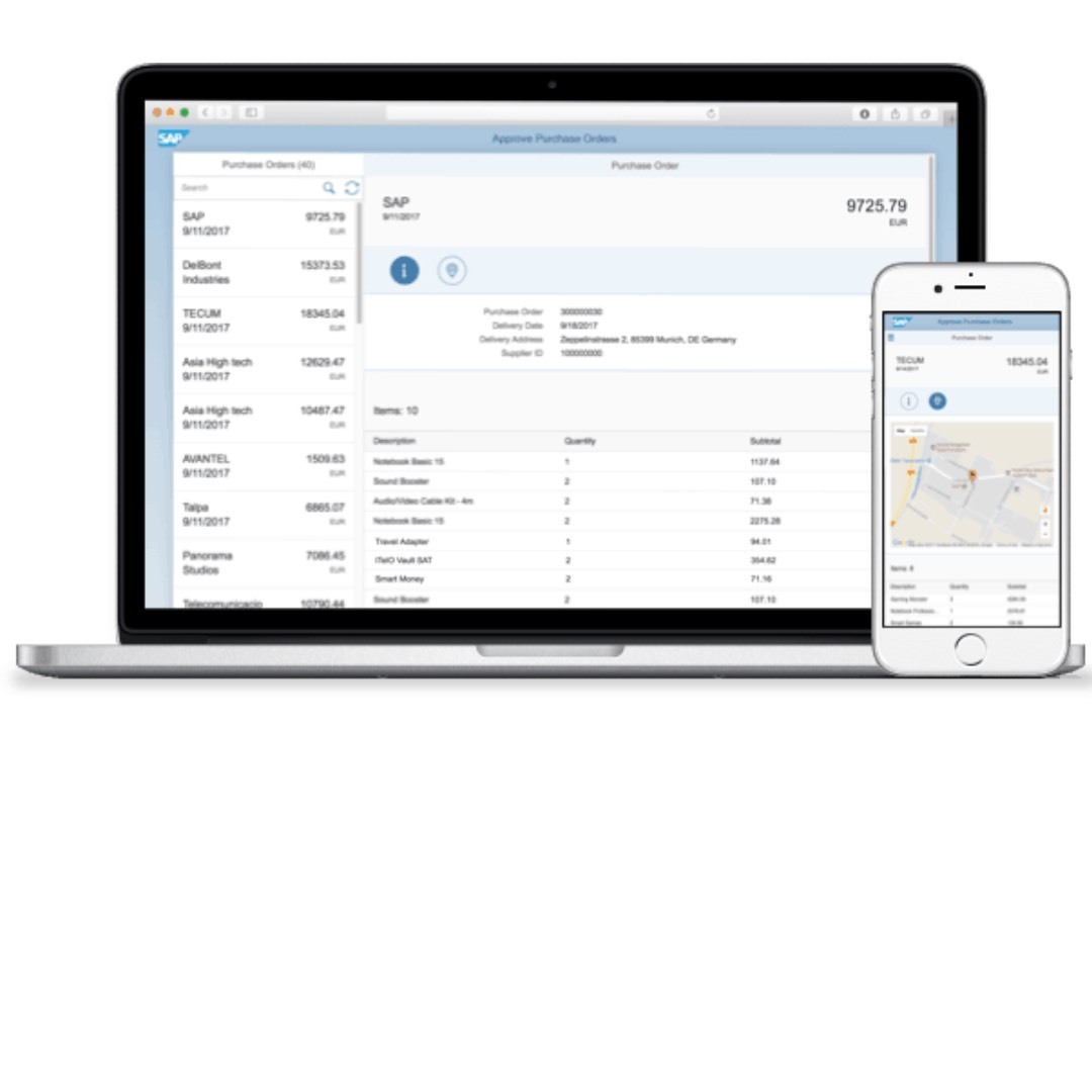 laptop en smartphone met SAP-scherm voor aankooporders