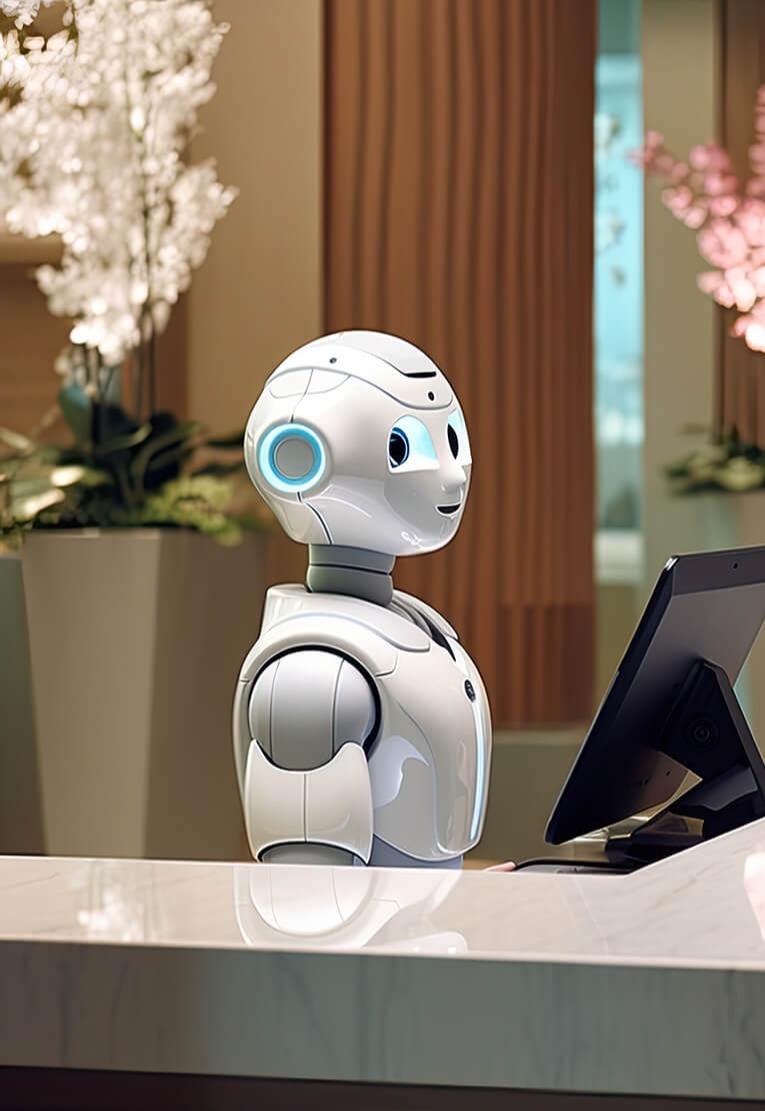 Robot behind a computer screen.